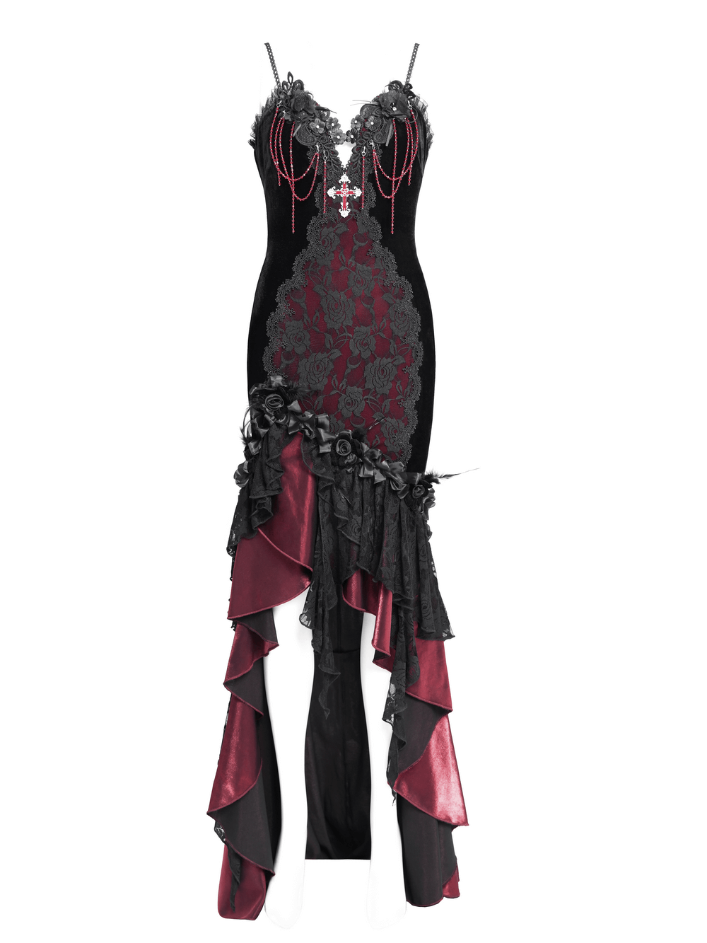 Gothic velvet and lace high-low dress with burgundy ruffles and cross pendant, perfect for evening wear or cosplay.