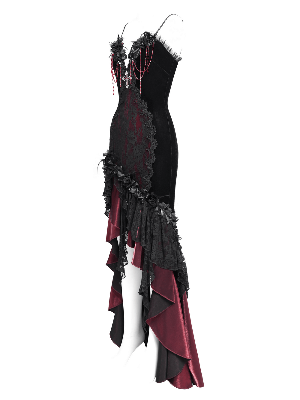 Gothic velvet high-low dress featuring lace, burgundy ruffles, and a beaded cross pendant, perfect for evening wear.