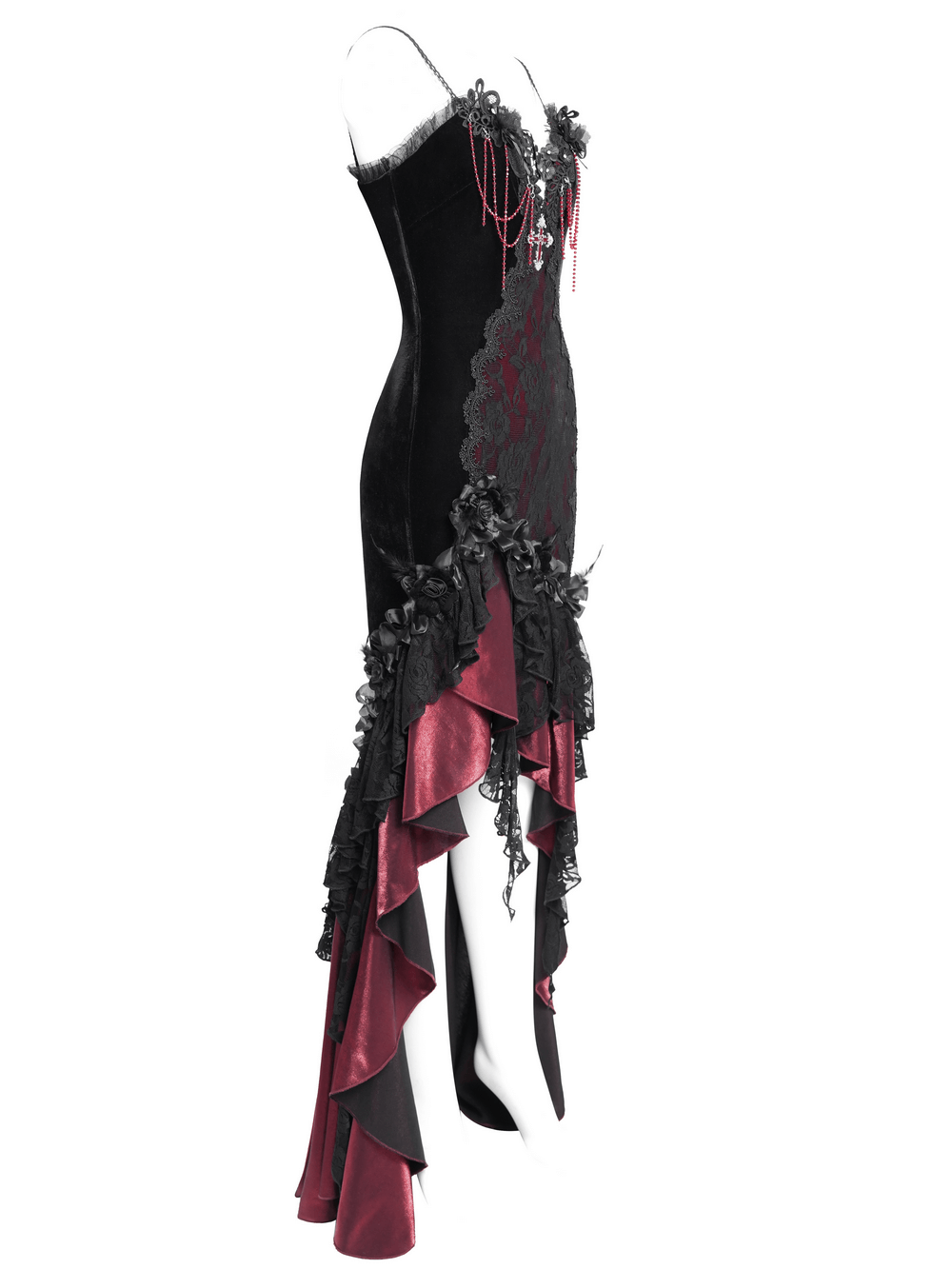 Elegant Gothic high-low dress in black velvet with burgundy satin ruffles and lace details, adorned with a cross pendant.