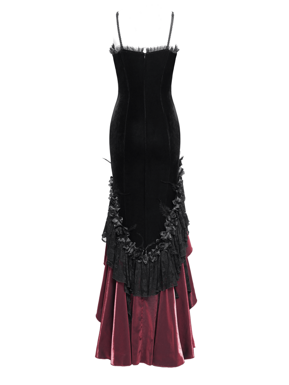 Gothic velvet and lace high-low dress in black and burgundy, featuring ruffles and a beaded cross pendant.