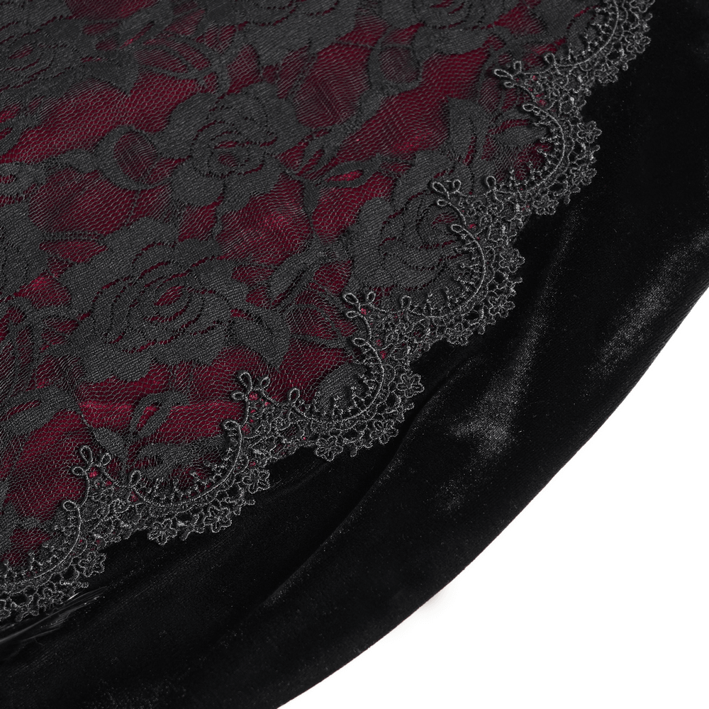 Close-up of rich black velvet and burgundy floral lace with intricate detailing for gothic fashion.