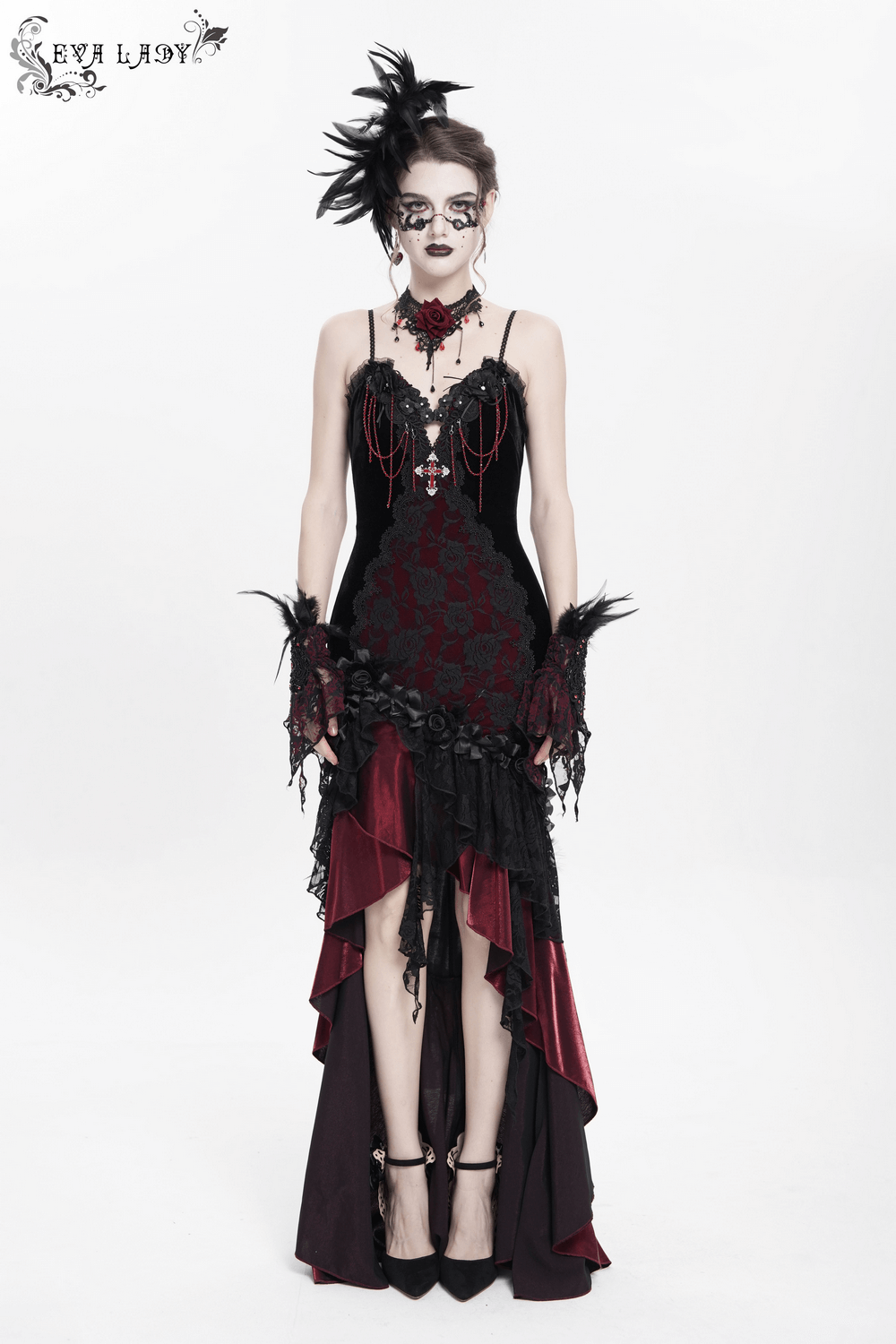 Gothic velvet and lace high-low dress with cross pendant, featuring ruffles, floral lace, and a dramatic design.