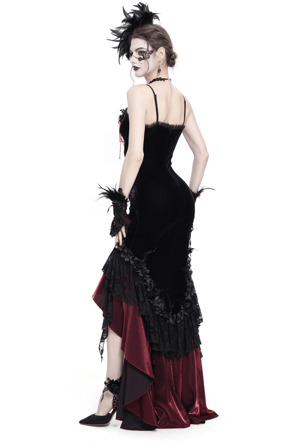 Elegant Gothic velvet and lace high-low dress with burgundy ruffles and a dramatic silhouette.