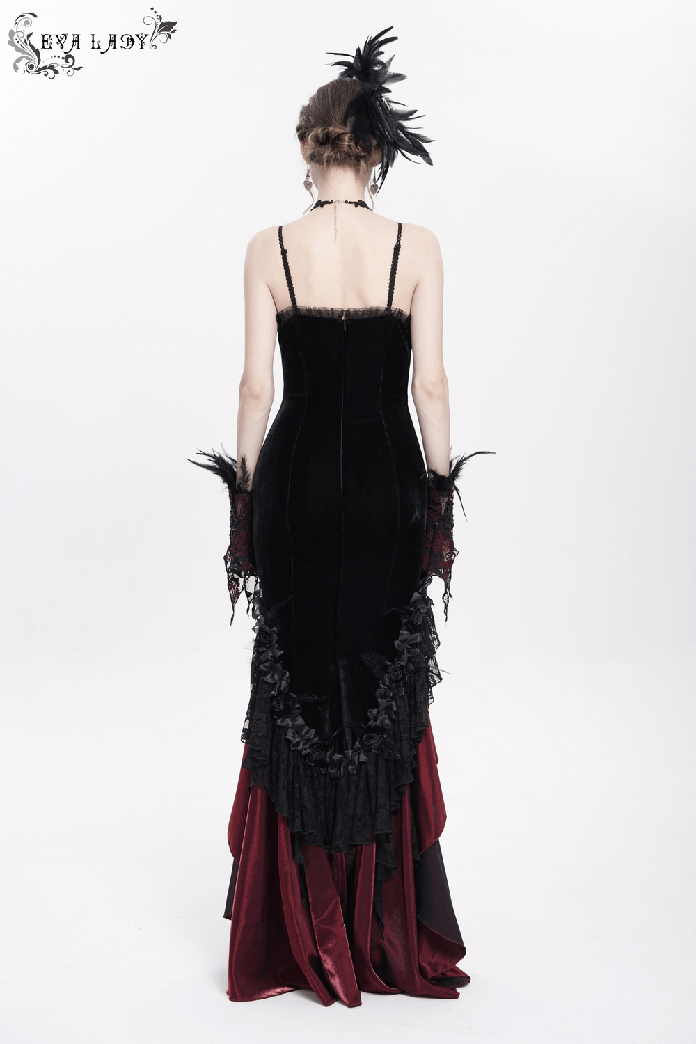 Elegant gothic velvet high-low dress with lace ruffles and dramatic burgundy satin detail, perfect for evening wear.