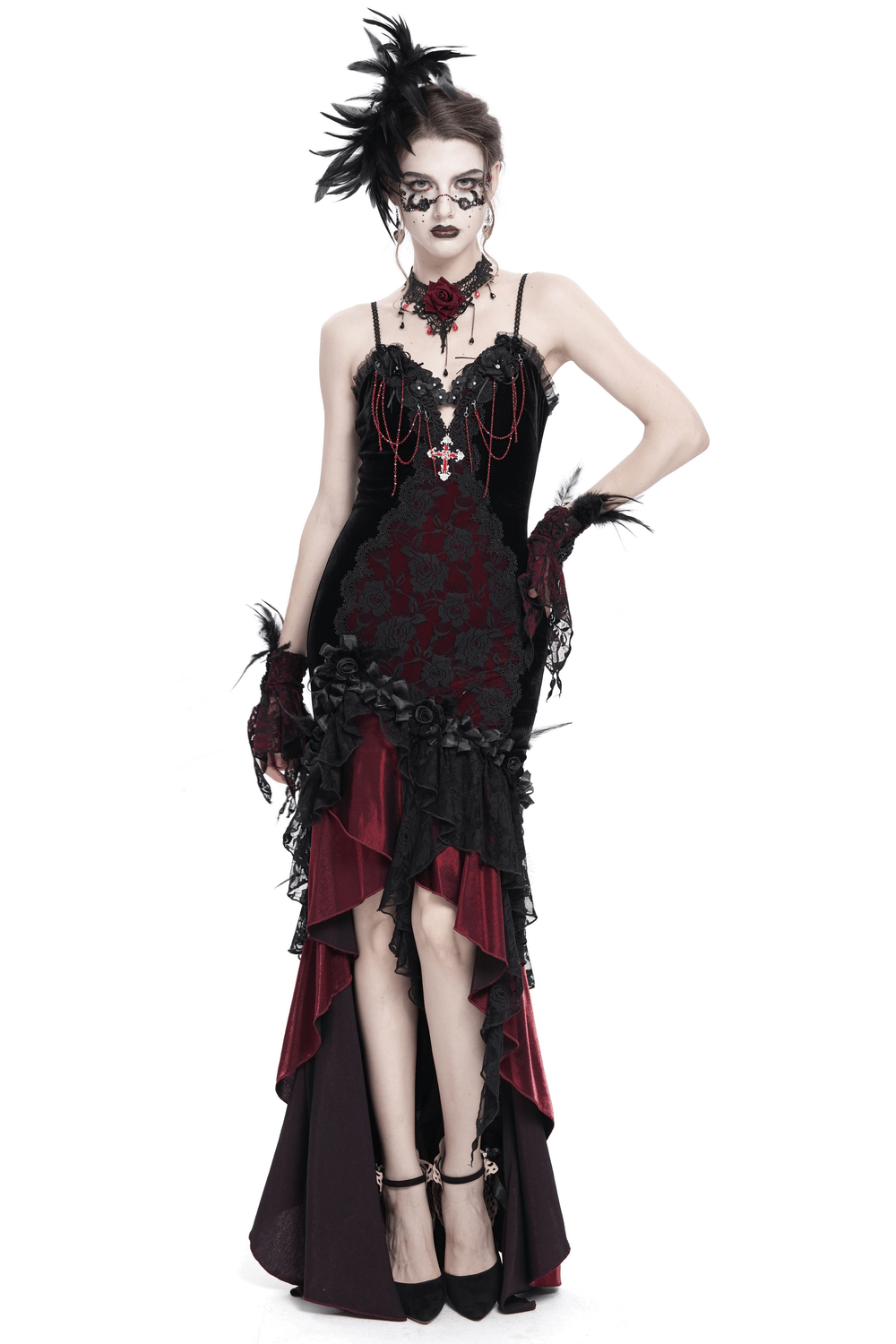 Gothic velvet and lace high-low dress with ruffles, floral details, and a cross pendant for evening wear.