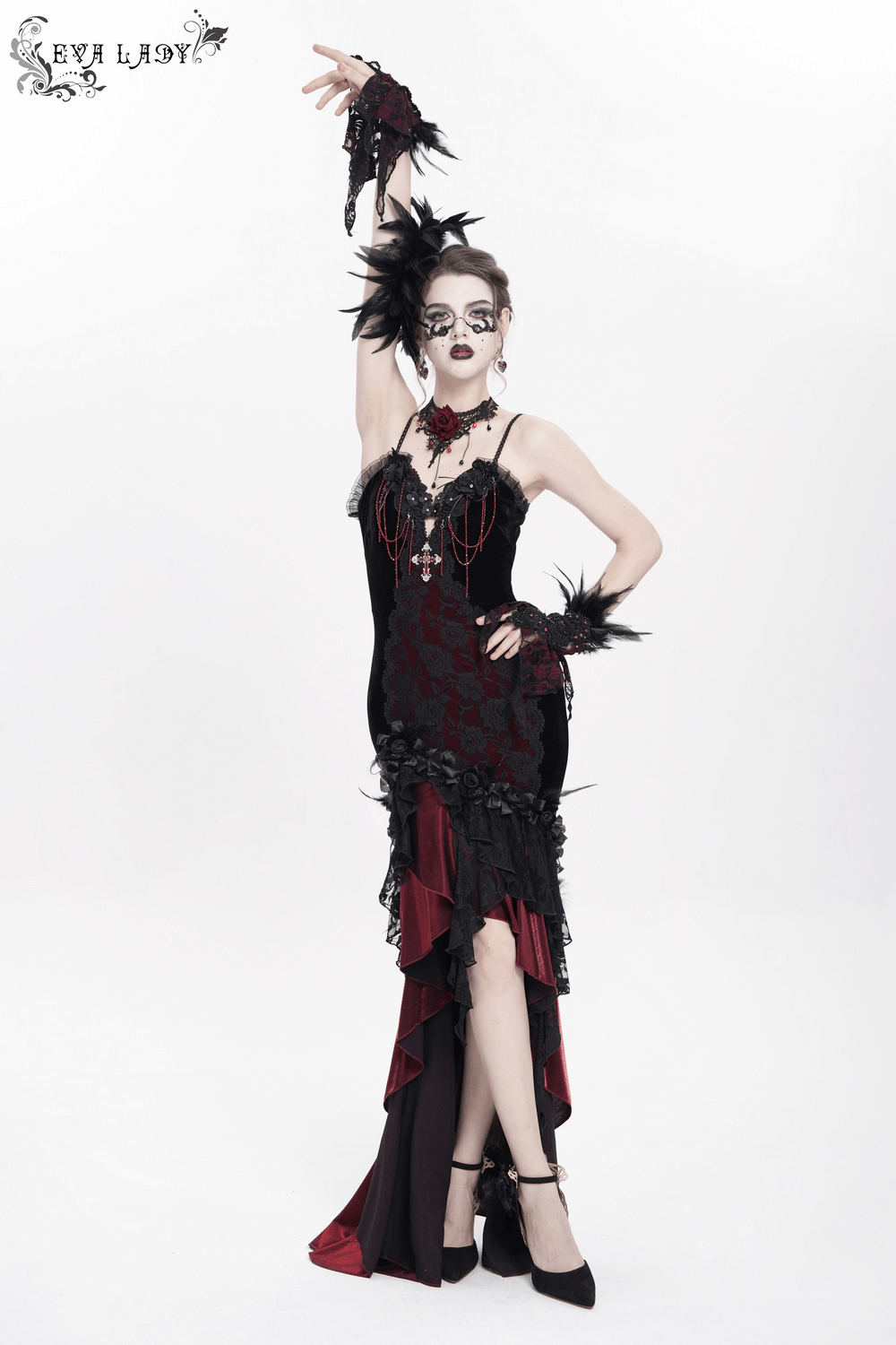 Gothic velvet and lace high-low dress with cross pendant and dramatic ruffles, perfect for evening wear or cosplay.