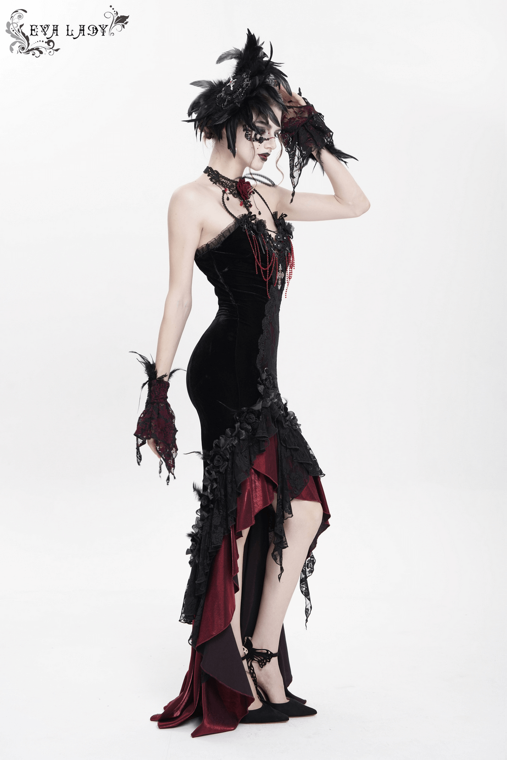 Gothic velvet and lace high-low dress with cross pendant, featuring ruffles and floral lace details.