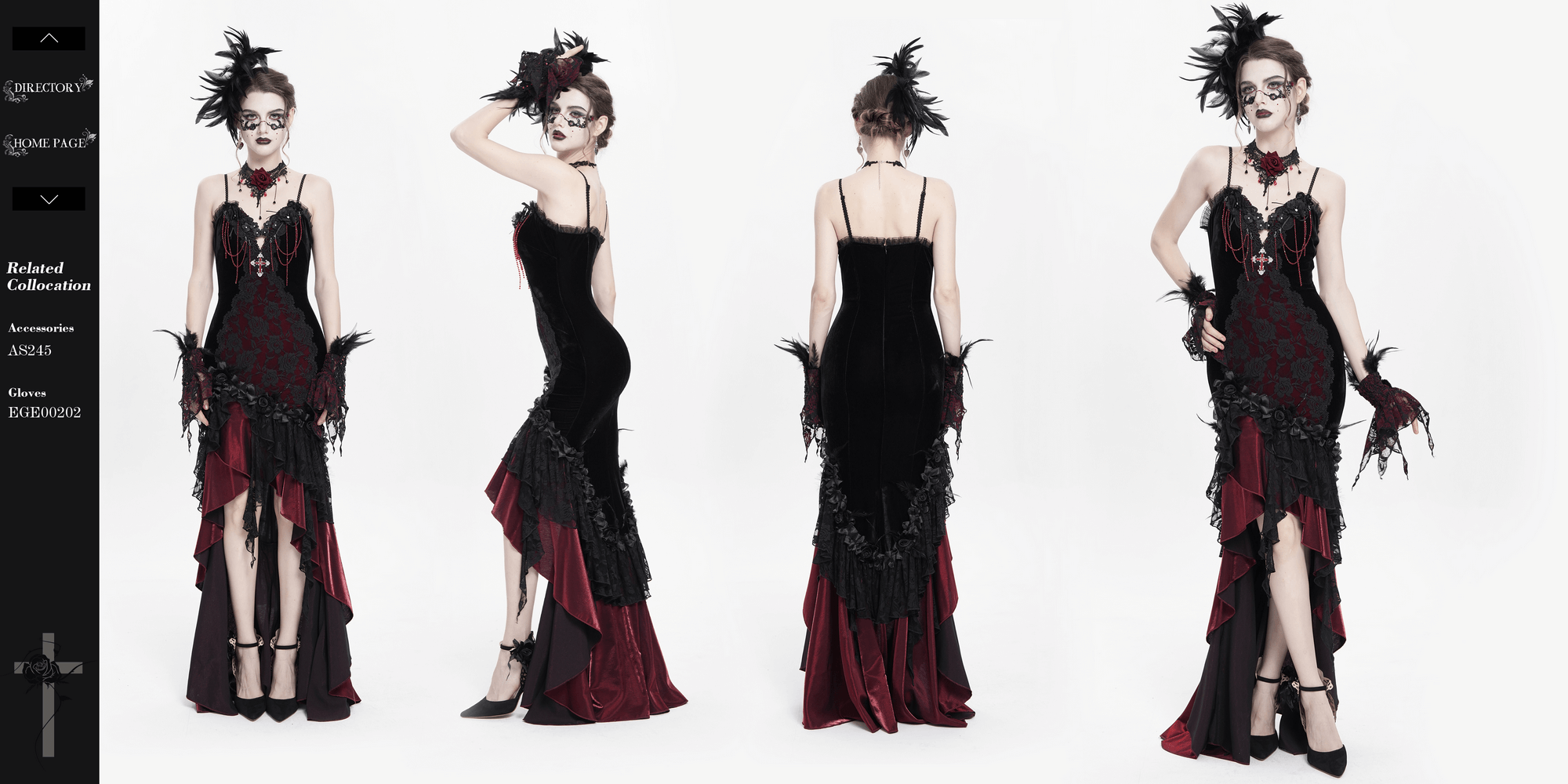 Gothic velvet and lace high-low dress featuring ruffles and a cross pendant, perfect for evening wear or cosplay.