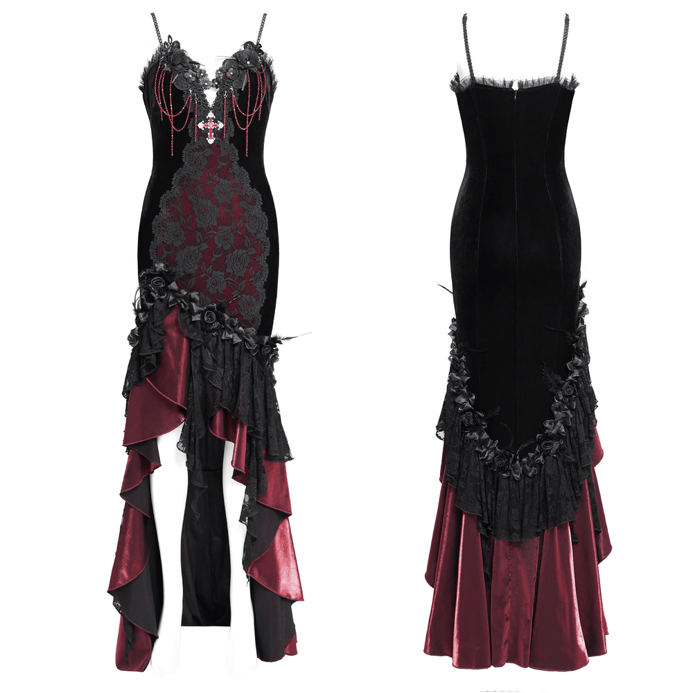 Gothic velvet and lace high-low dress with ruffles, featuring a cross pendant, perfect for evening wear and cosplay.