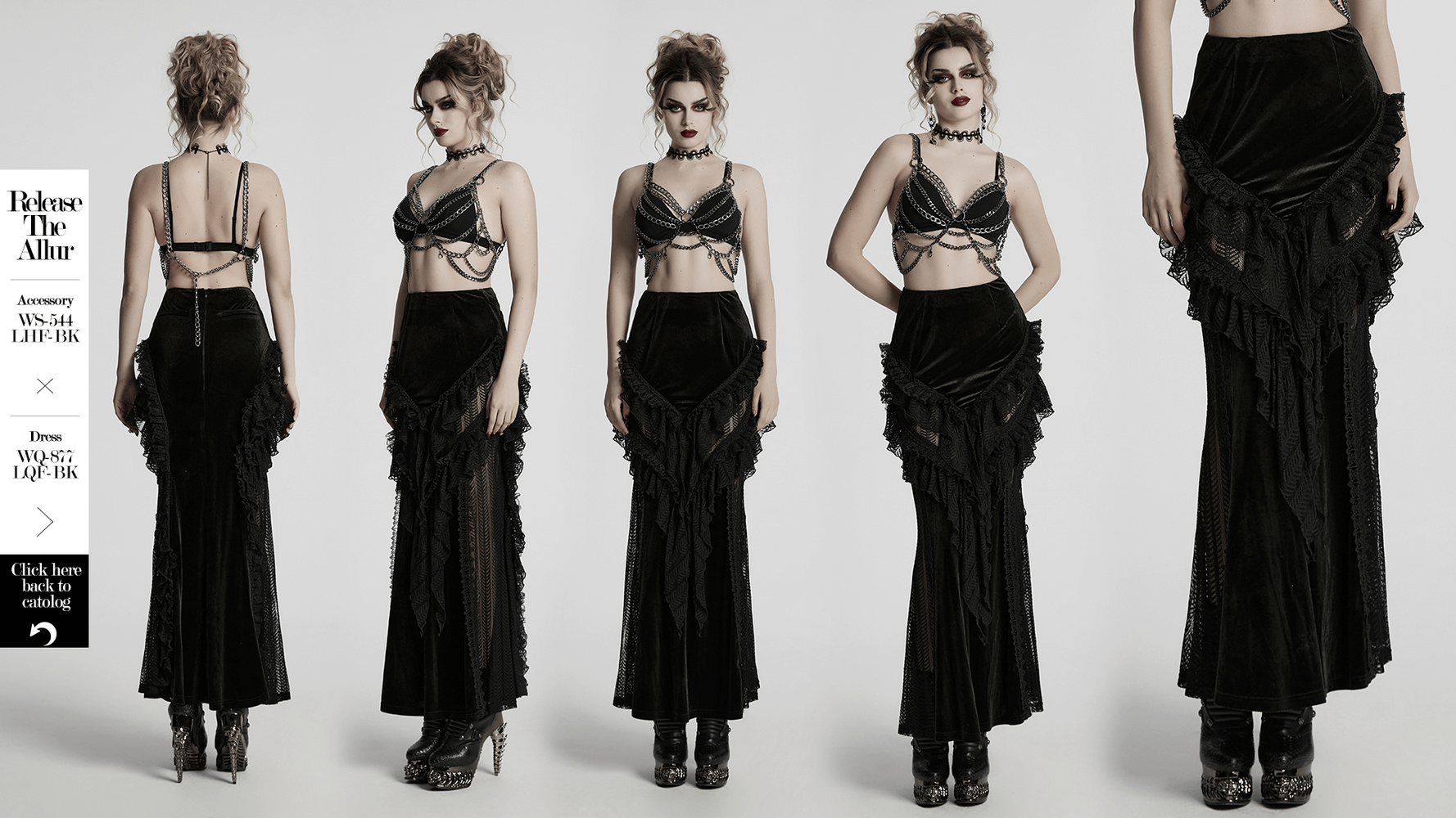 Gothic velvet and lace ruffle skirt with mesh detailing, showcasing a dramatic and elegant silhouette.