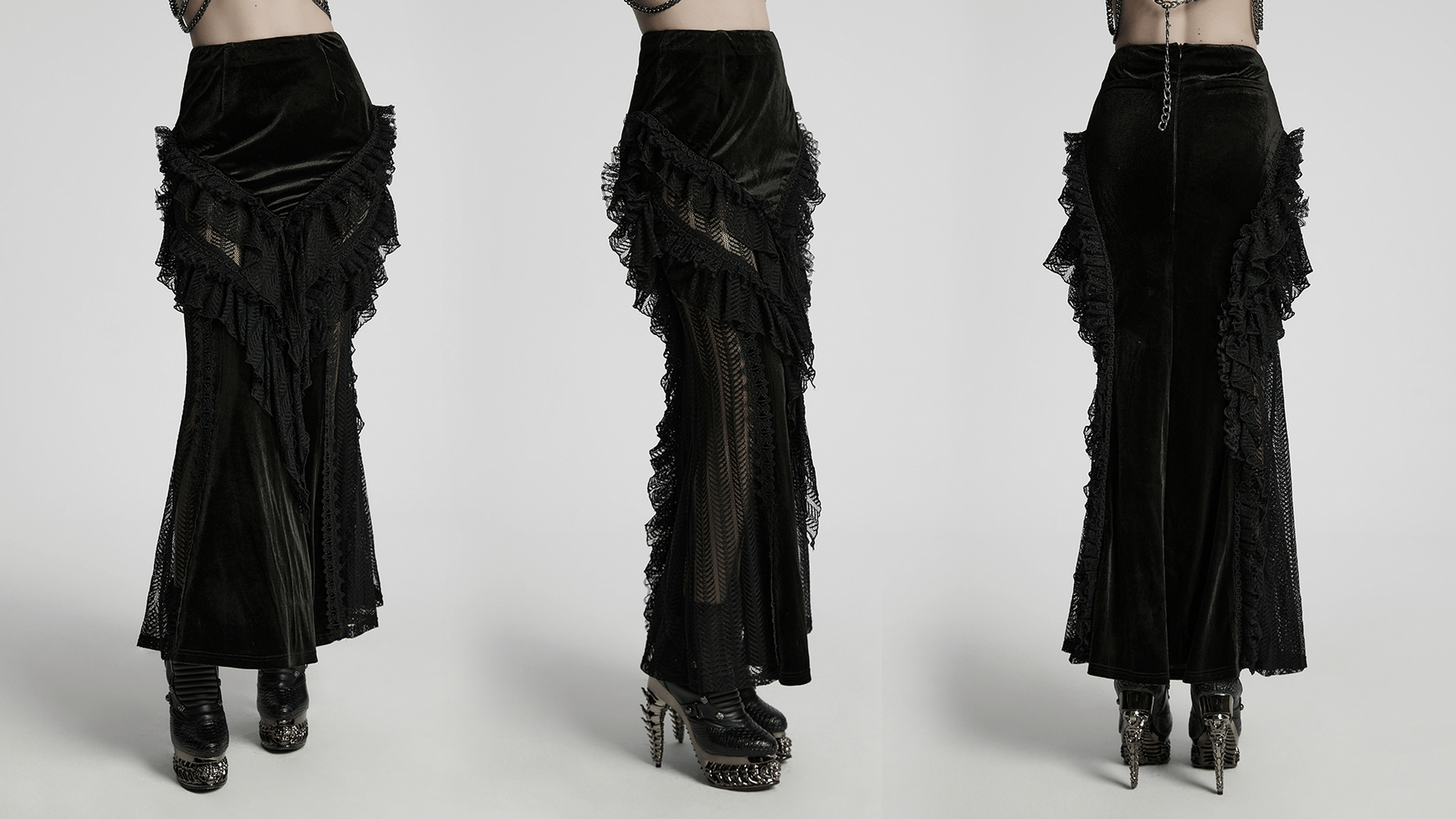 Gothic velvet and lace ruffle skirt featuring mesh detailing, perfect for a dramatic look.