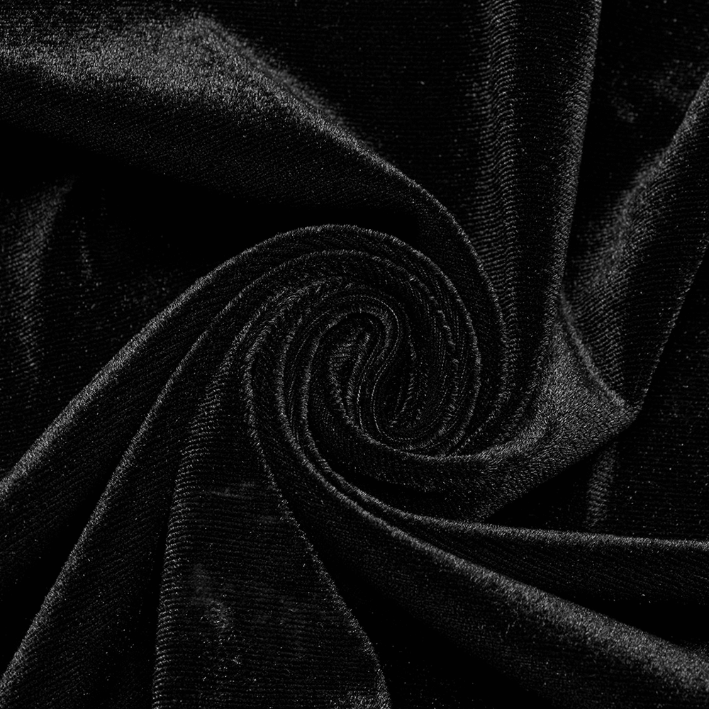 Close-up of black velvet fabric, showcasing its rich texture and luxurious feel, perfect for gothic fashion.