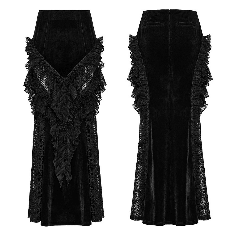 Gothic velvet and lace ruffle skirt with mesh detailing, showcasing an elegant black design with intricate ruffles.
