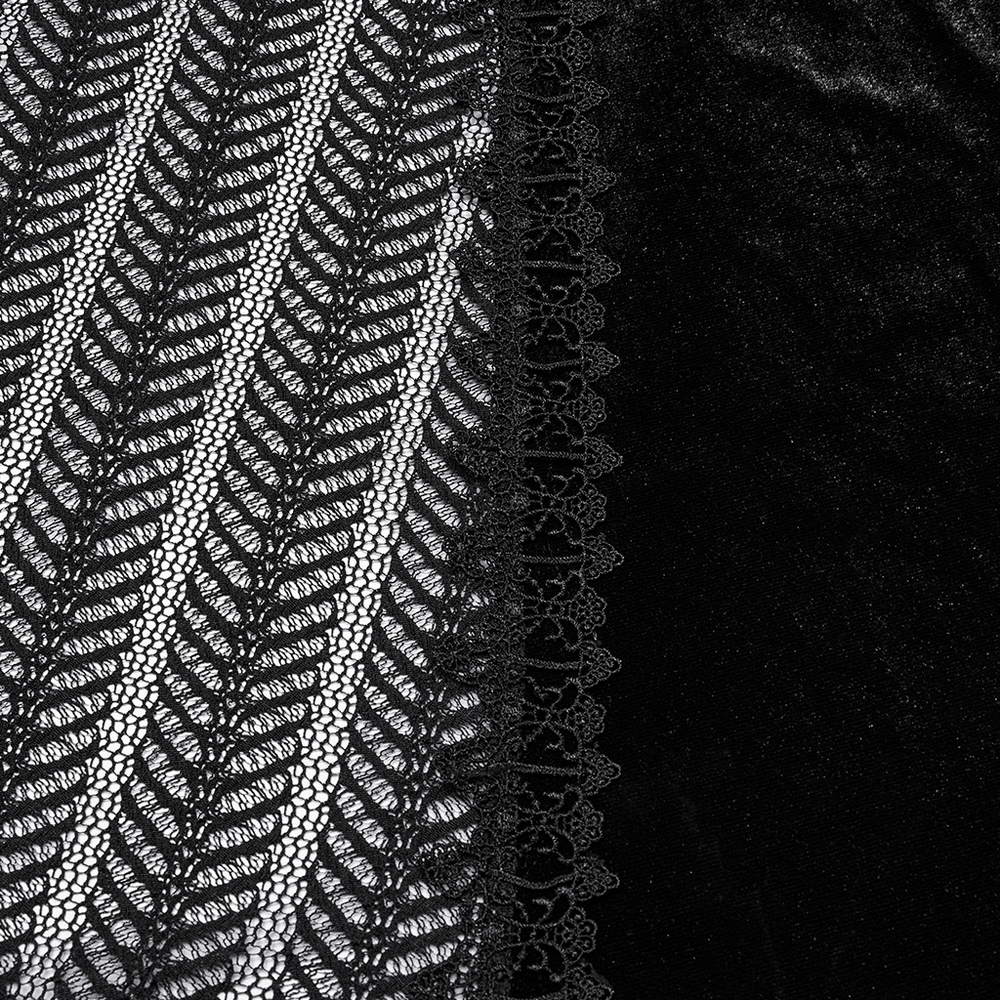 Close-up of gothic velvet and lace ruffle skirt featuring intricate mesh detailing and elegant lace trim.