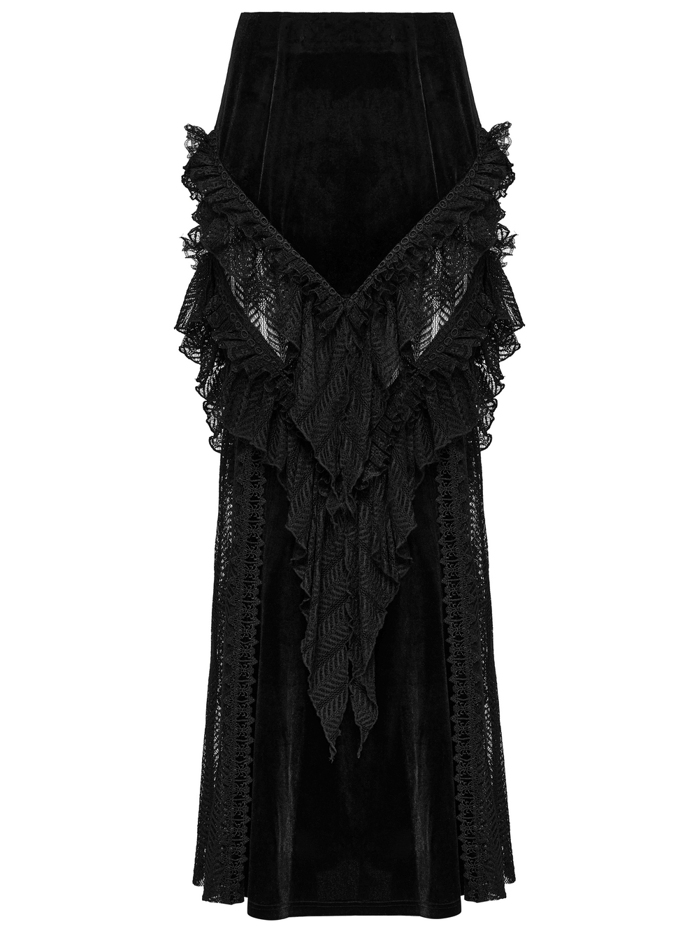 Gothic velvet and lace ruffle skirt with mesh detailing, perfect for a dramatic and stylish look.