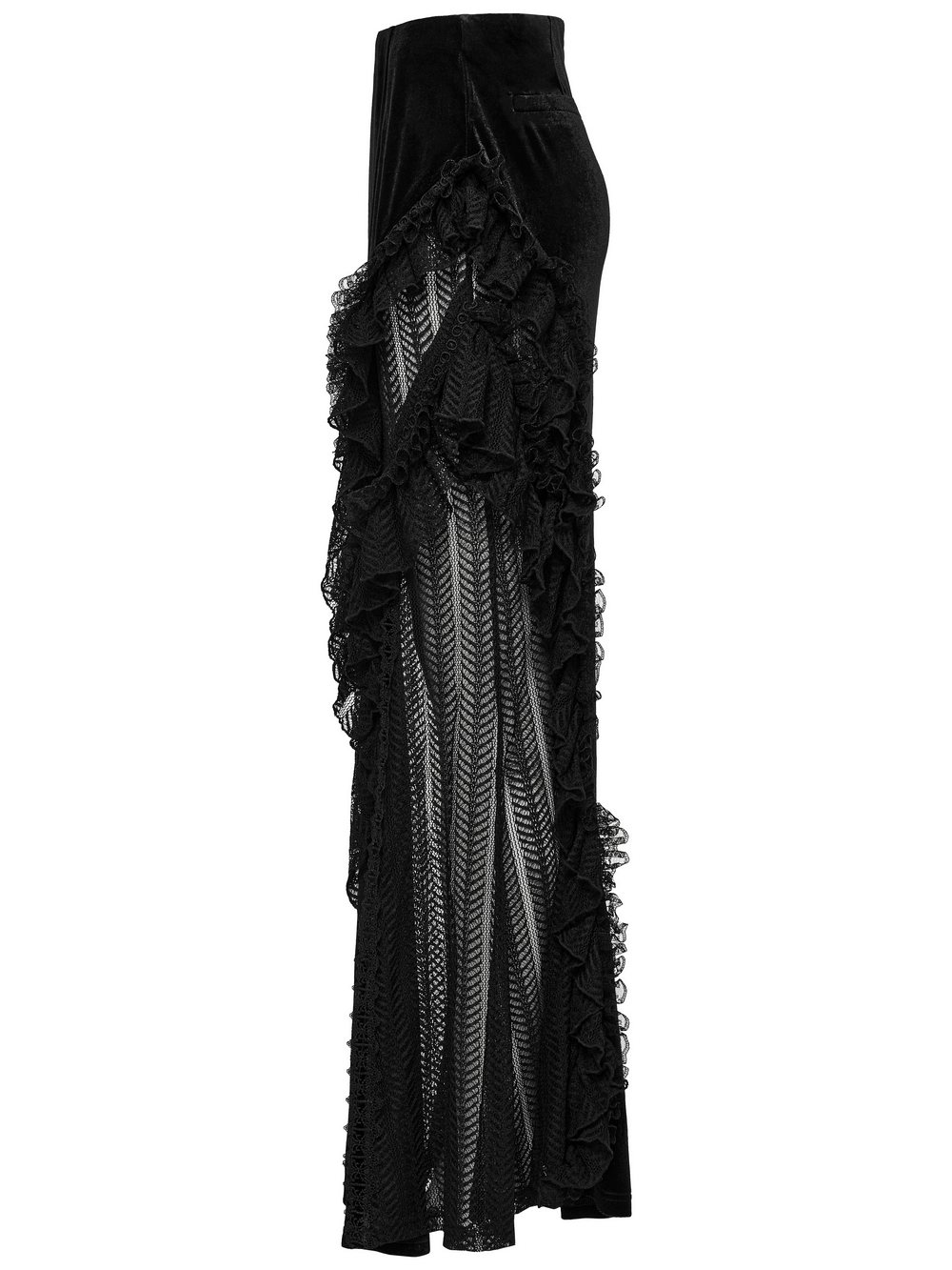 Gothic velvet and lace ruffle skirt with mesh detailing, showcasing elegant design and intricate textures.