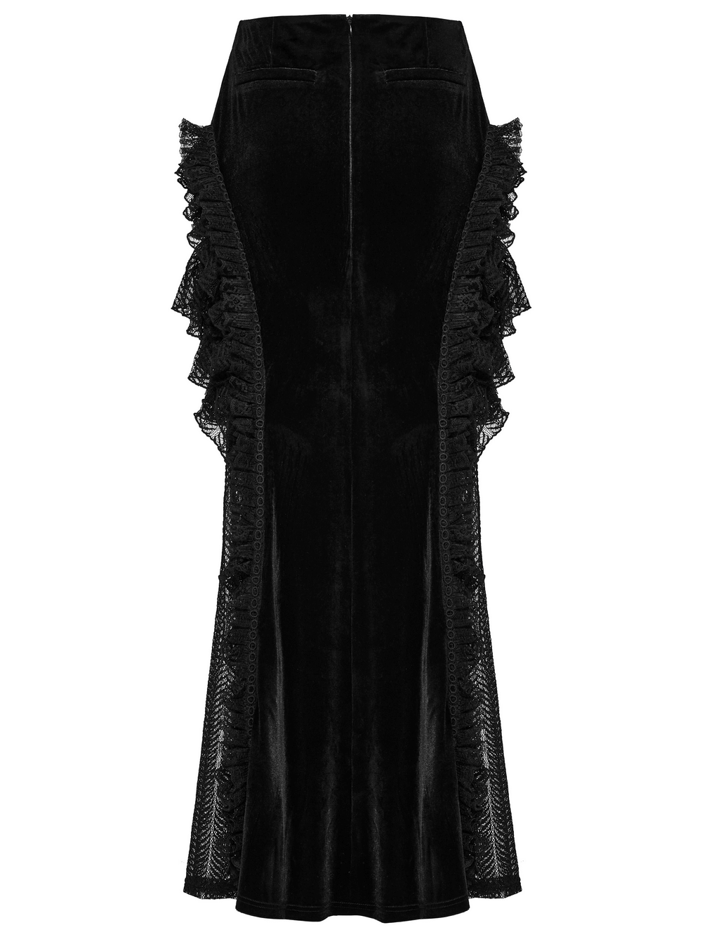 Gothic velvet and lace ruffle skirt featuring elegant mesh detailing and a stylish silhouette.
