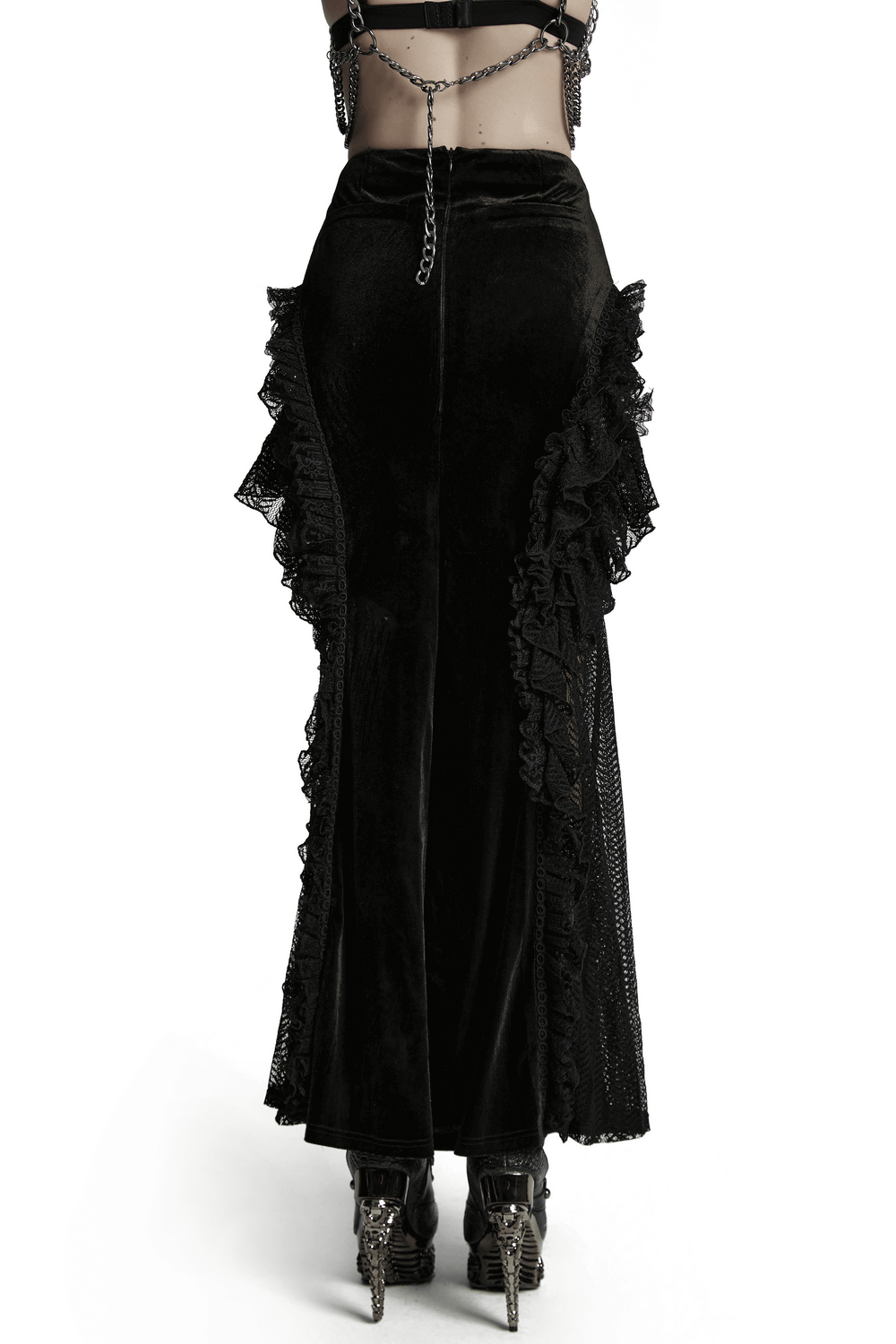 Gothic velvet skirt with lace ruffles and mesh detailing, perfect for dramatic, edgy fashion styles.