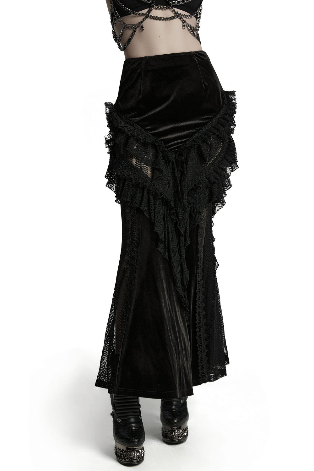 Gothic velvet and lace ruffle skirt with mesh detailing, perfect for edgy fashion lovers.