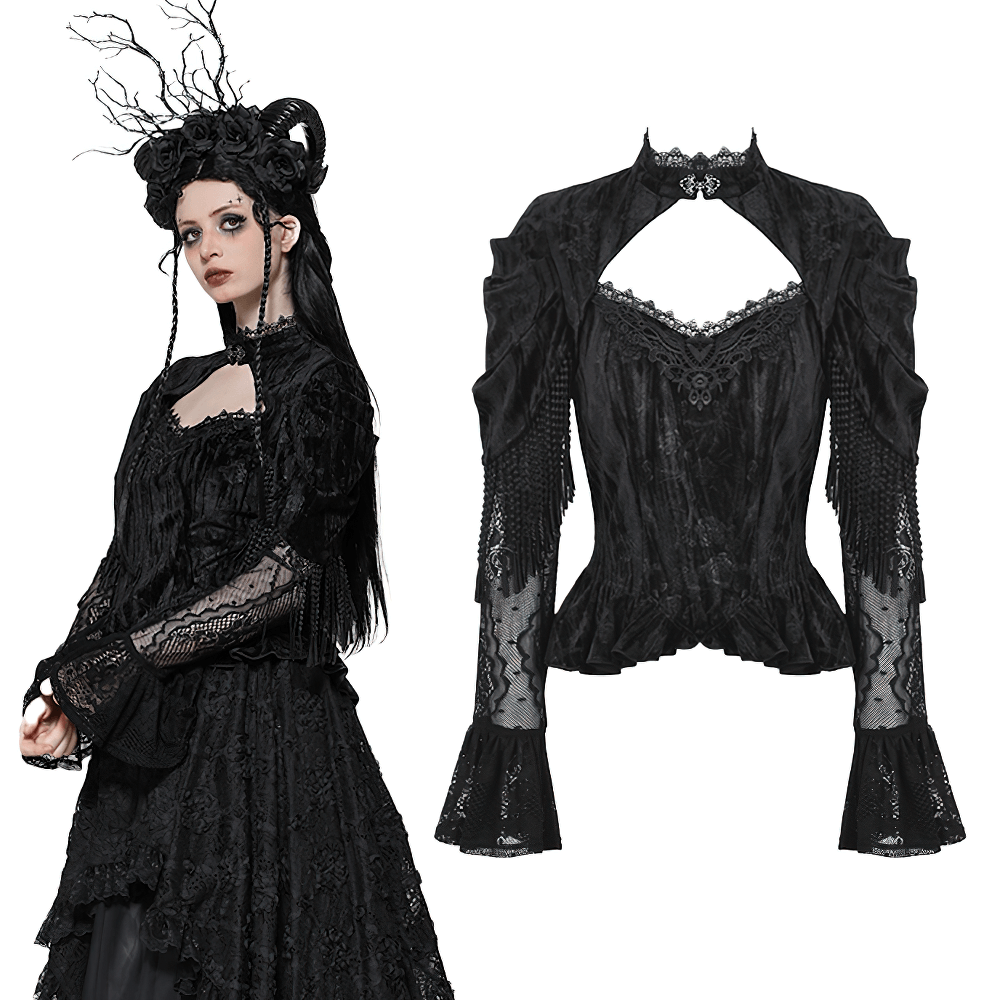 Black Victorian-inspired Gothic velvet corset top with lace details and flared sleeves, ideal for dramatic fashion statements.