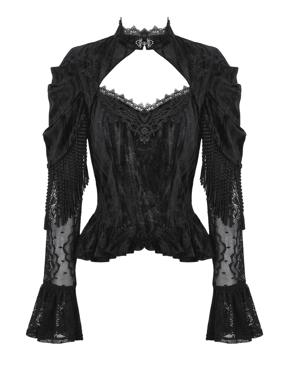 Black Gothic velvet corset top with lace trim and flared sleeves, featuring a dramatic keyhole neckline and fringe details.