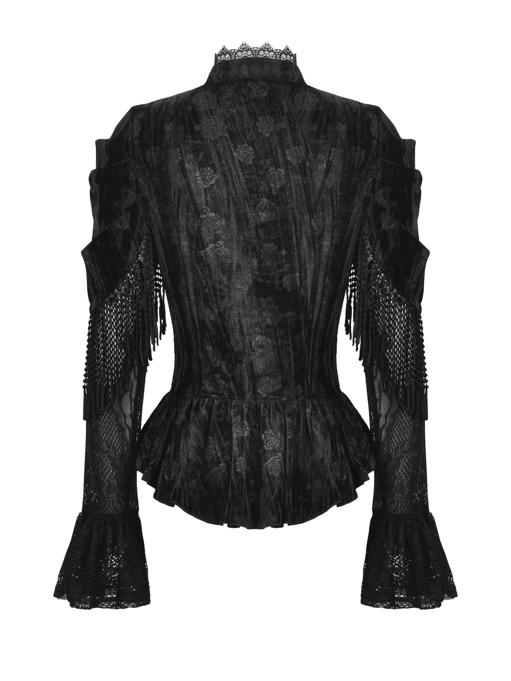 Back view of a Gothic velvet and lace top with flared sleeves and fringe detailing, perfect for Victorian-inspired fashion.