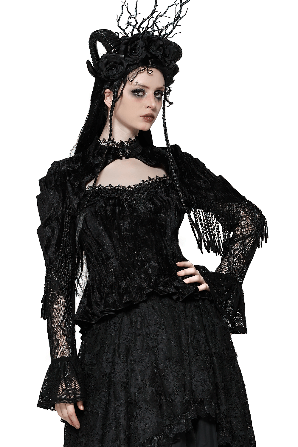 Black Victorian-inspired Gothic corset top with lace, fringe, and flared sleeves, showcasing a dramatic keyhole neckline.