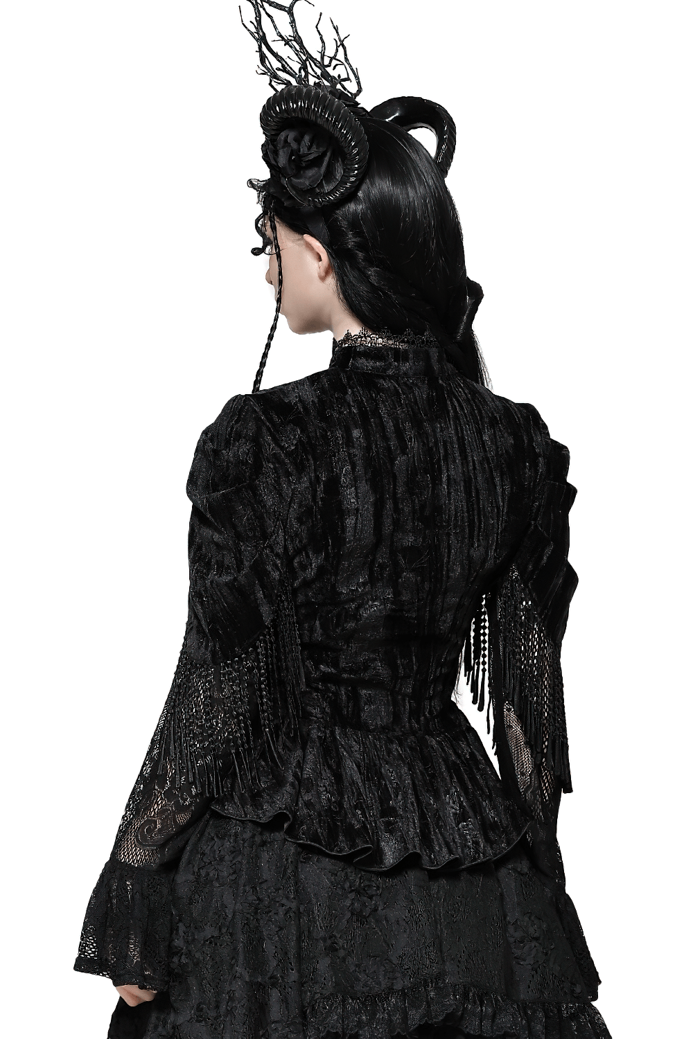 Back view of a Gothic velvet corset top with lace and flared sleeves, showcasing intricate detailing and a dramatic silhouette.