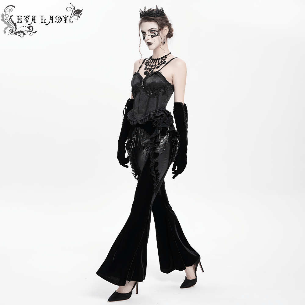 Gothic velvet and leather flared pants with lace ruffles and bead chains, showcasing dark elegance and Victorian-inspired design.