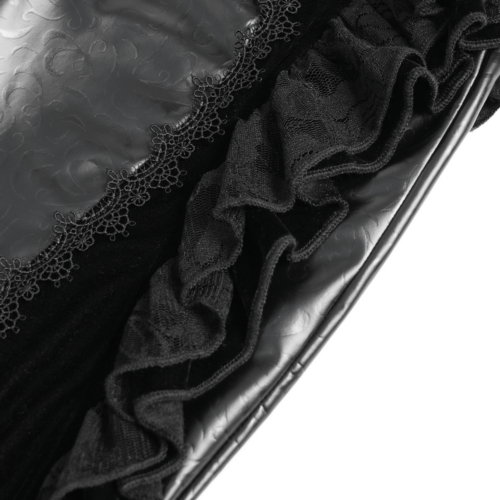Close-up of Gothic velvet and leather fabric with intricate lace ruffle detailing, showcasing dark elegance.