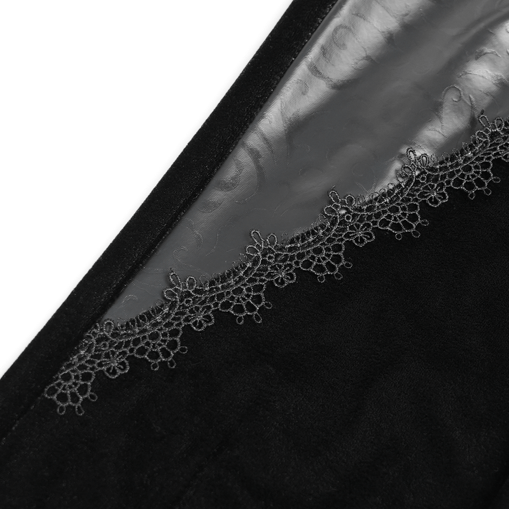 Close-up of Gothic flare pants showing intricate lace trim alongside sleek synthetic leather.
