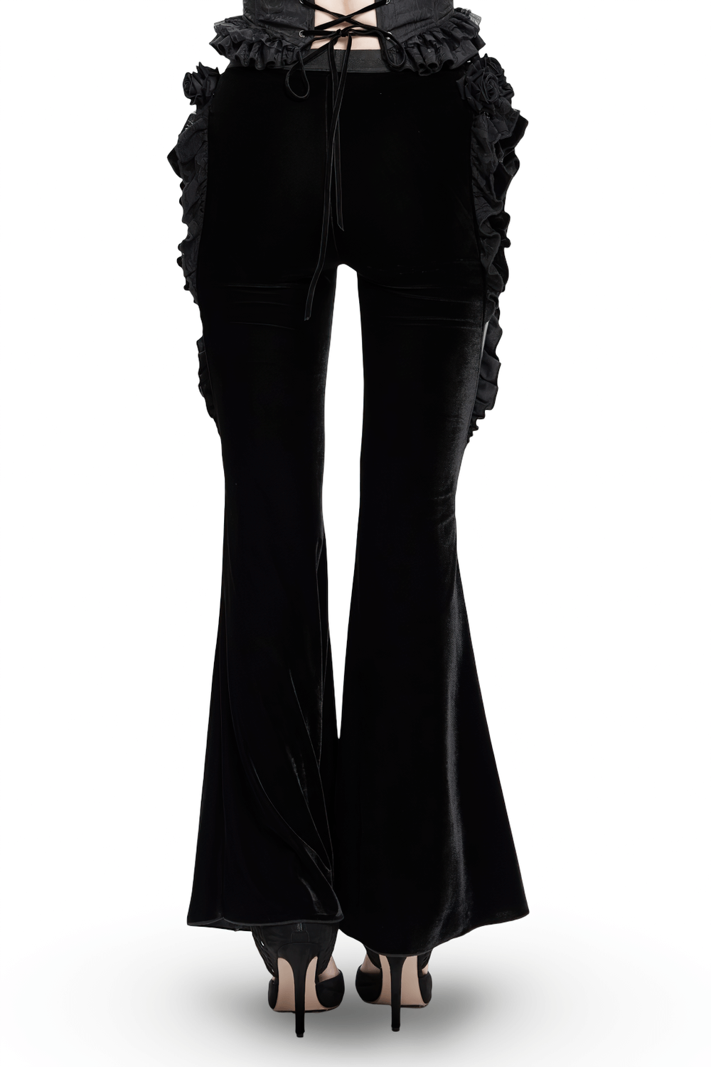 Gothic velvet and leather flare pants with lace ruffles, showcasing a dramatic silhouette and elegant detail.