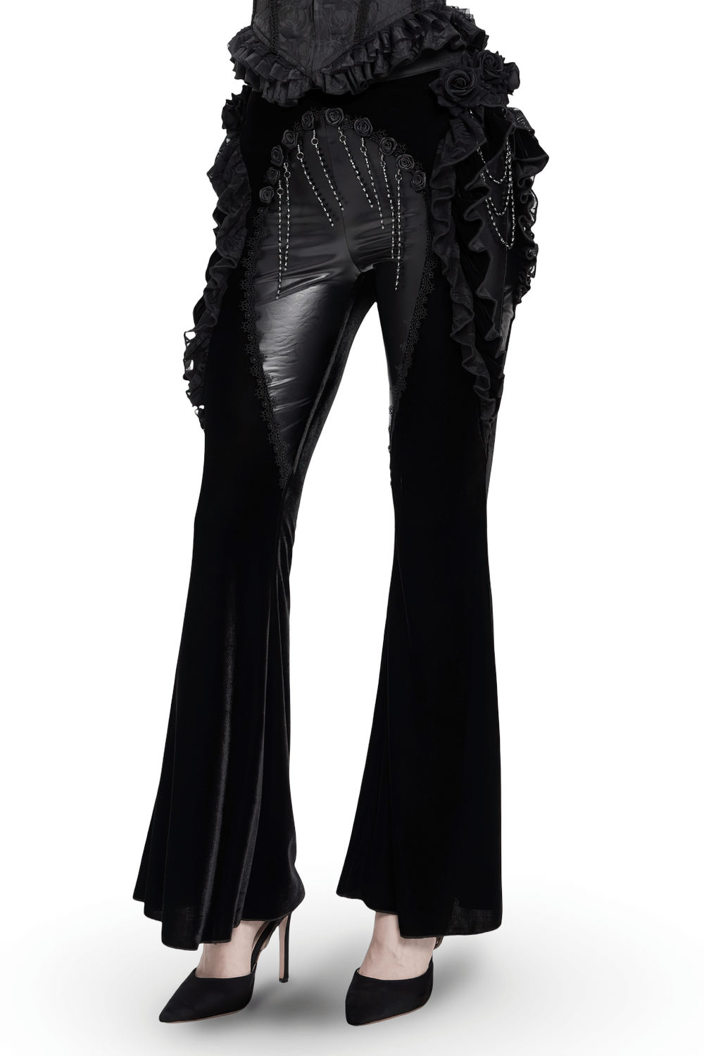 Gothic velvet and leather flare pants with lace ruffles, roses, and beaded chains for a darkly elegant look.