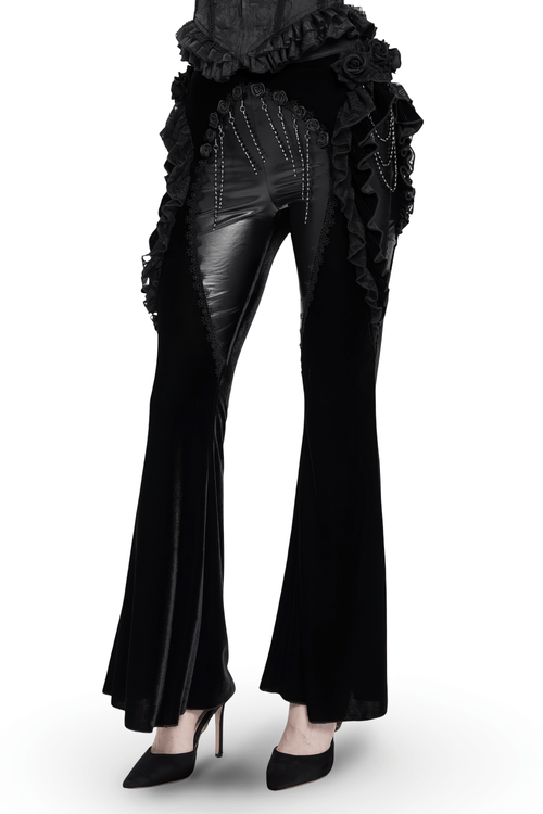 Pantalon évasé en velours et cuir gothique avec volants en dentelle