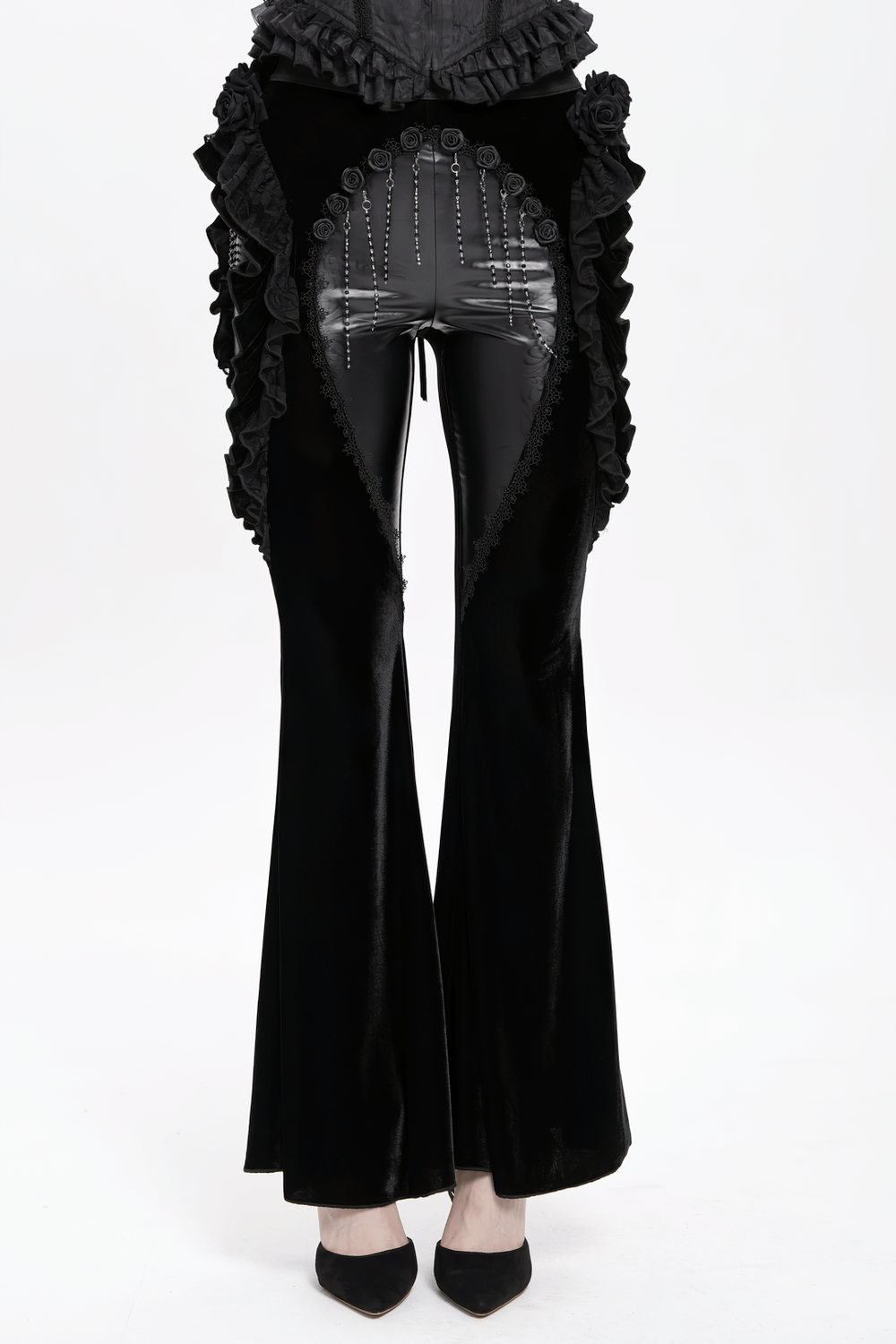 Gothic velvet and leather flare pants with lace ruffles and bead chains, perfect for Victorian-inspired fashion.