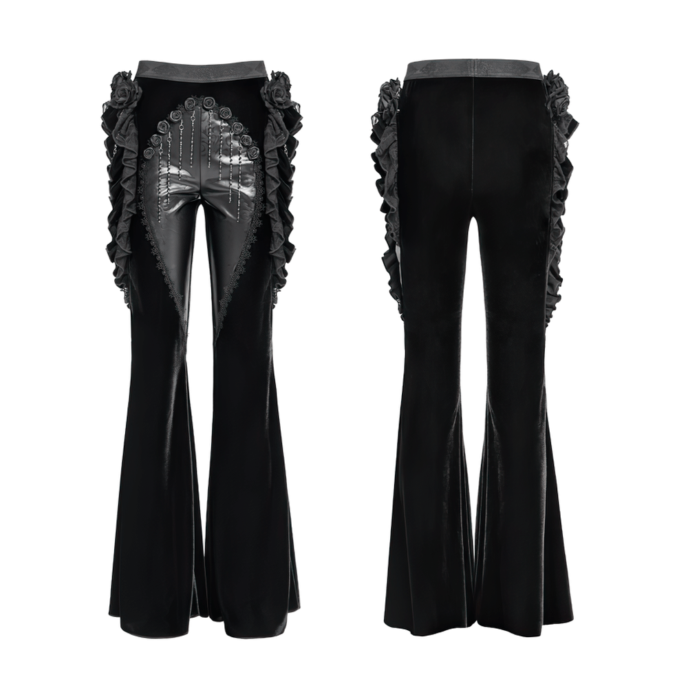 Gothic velvet and leather flare pants featuring lace ruffles, floral appliqués, and beaded chains for dark elegance.