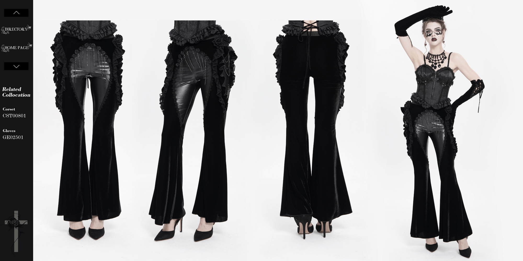 Gothic velvet and leather flare pants with lace ruffles and intricate detailing, perfect for stylishly dark ensembles.