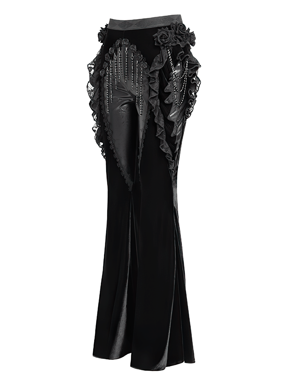 Gothic velvet and leather flared pants with lace ruffles and rose appliqués for dark elegance.