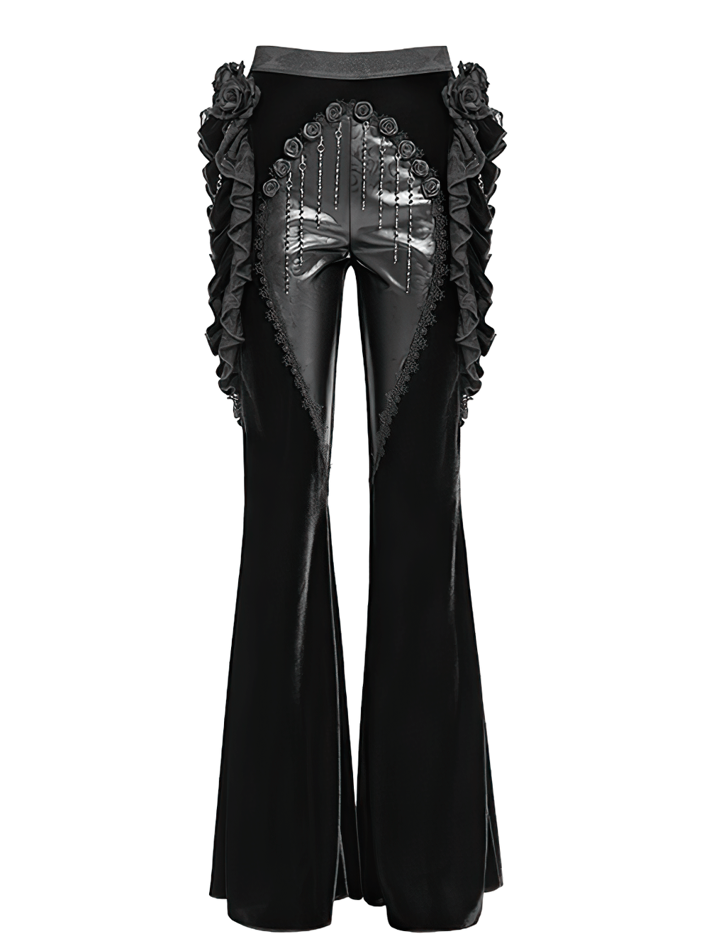 Gothic velvet and leather flare pants with lace ruffles and roses for a dark, elegant look.