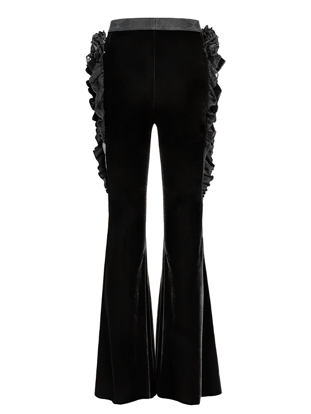 Gothic velvet and leather flare pants featuring lace ruffles and a dramatic silhouette, perfect for dark elegance.