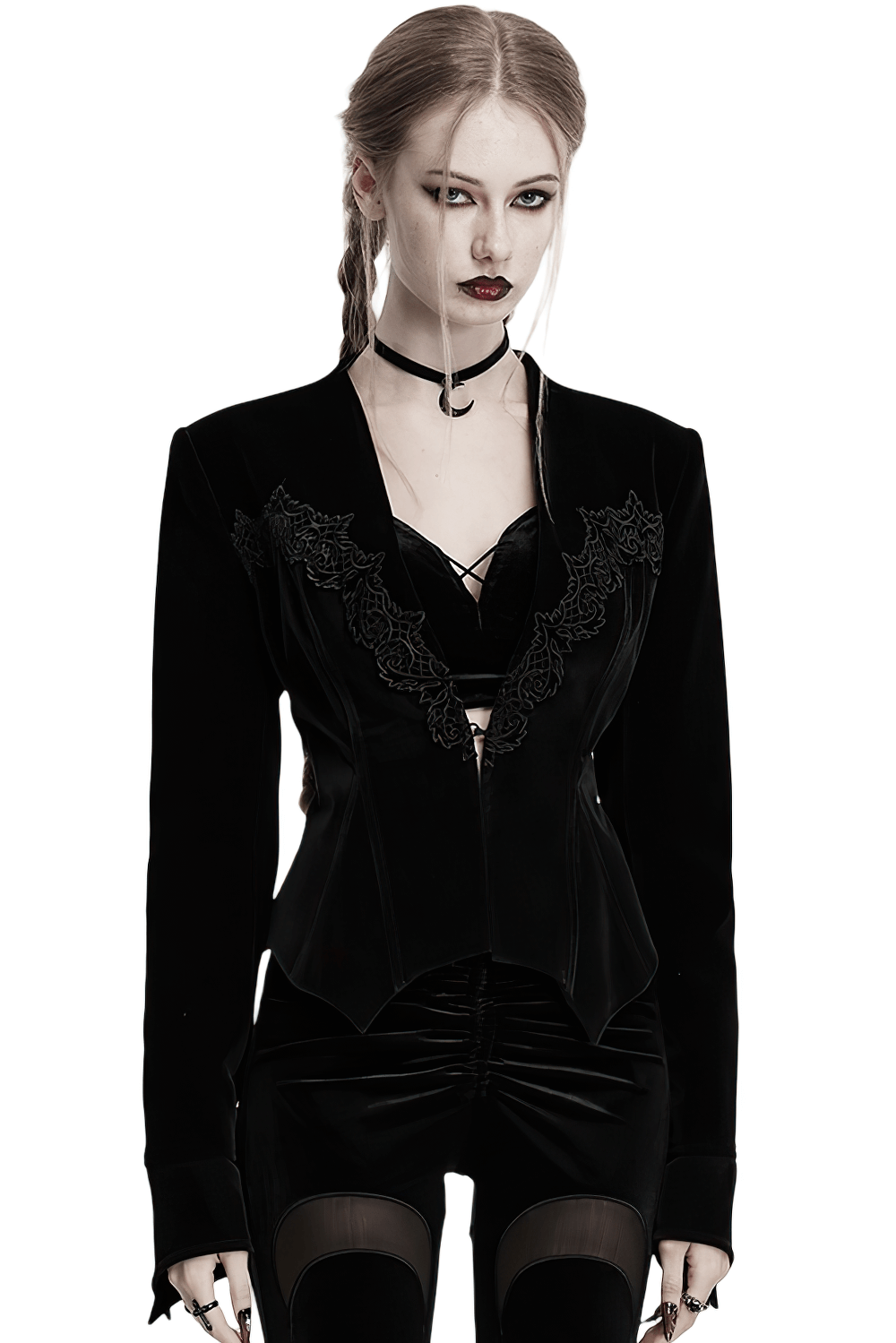 Elegant Gothic Bat Hem Jacket in velvet with lace, featuring deep V-neck and chic cinched waist.