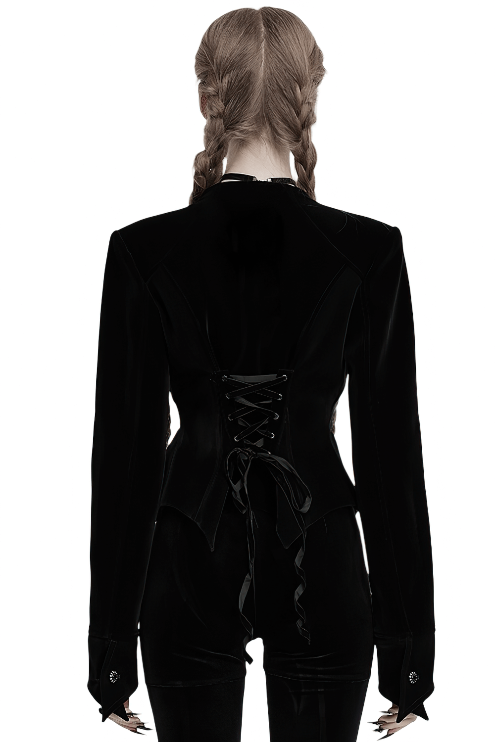 Elegant Gothic velvet bat hem jacket with lace-up back and vintage design details.