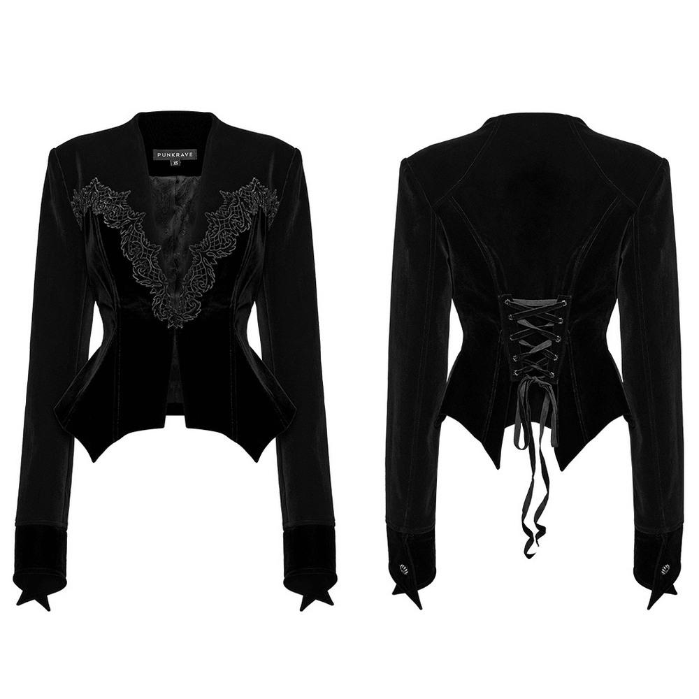 Elegant Gothic velvet bat hem jacket with lace details, featuring a deep V-neck and adjustable back drawstring.