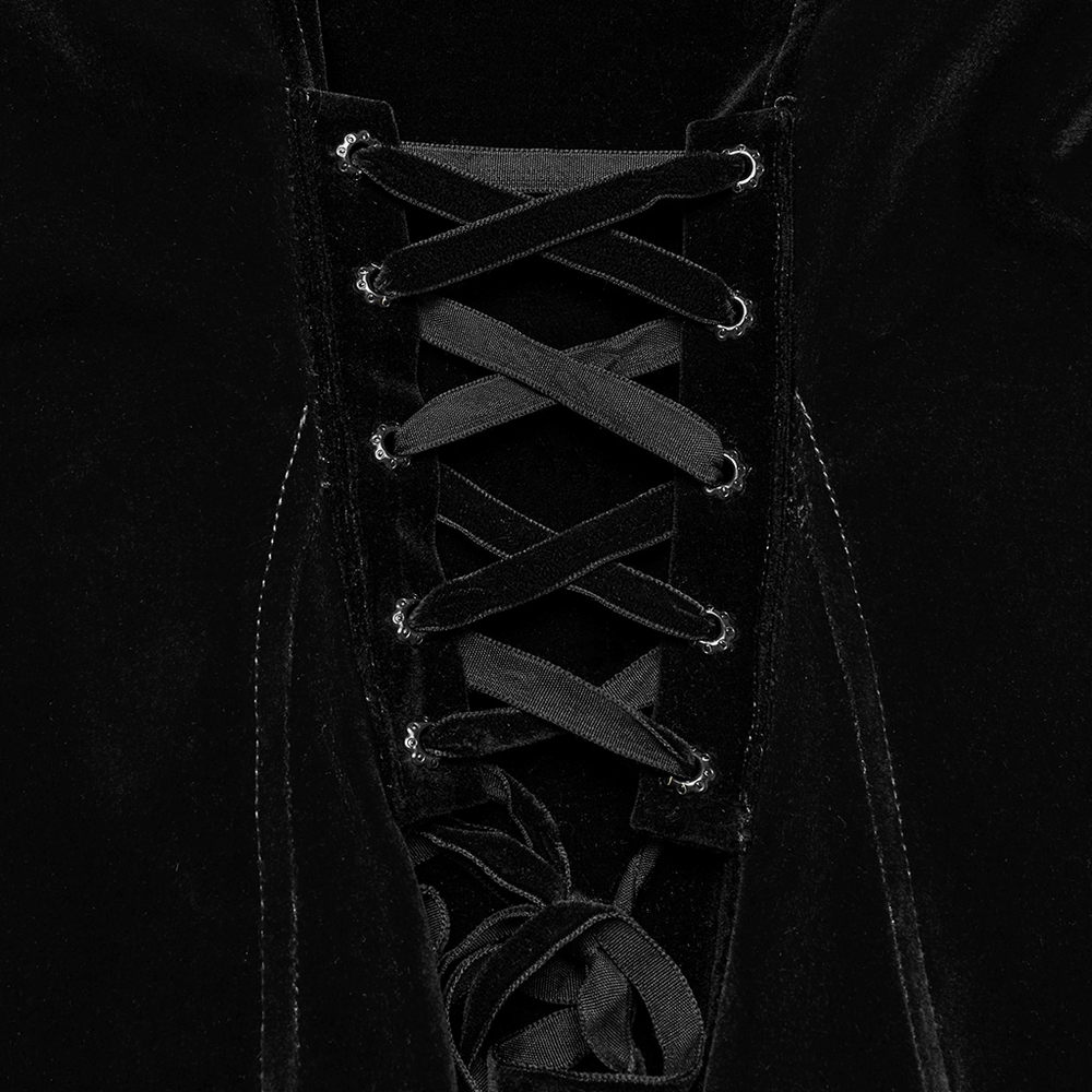 Close-up of Gothic Velvet Bat Hem Jacket lace-up front detail, showcasing elegant black velvet and intricate design.