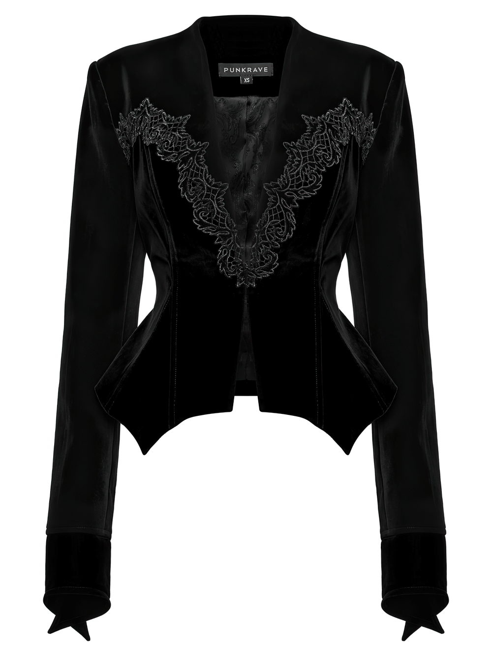 Elegant Gothic velvet jacket with bat hem and lace details, featuring a chic deep V-neck and gemstone buckles.