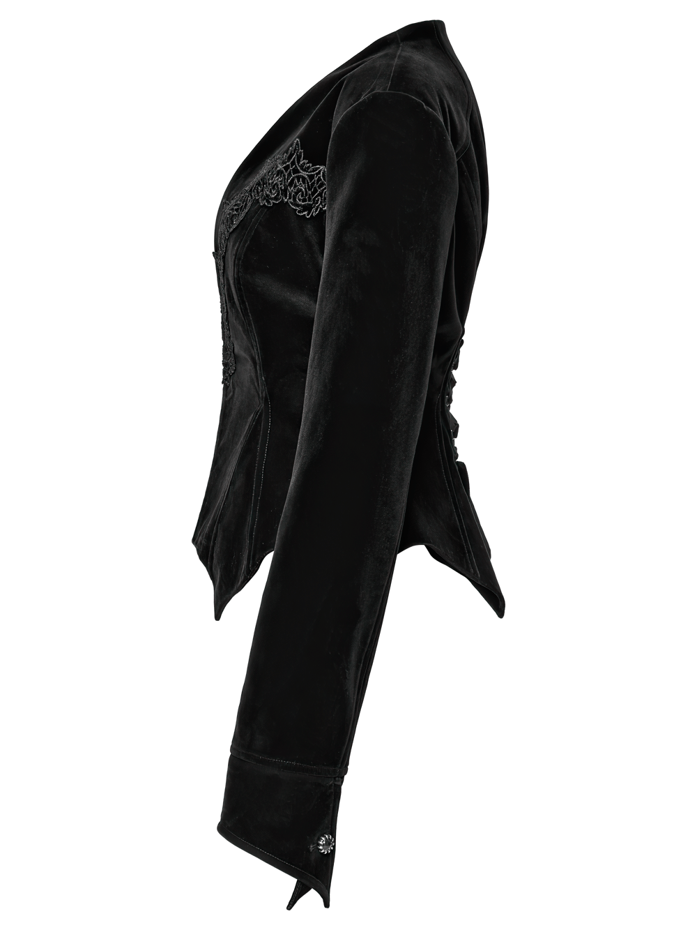Elegant Gothic Bat Hem Jacket in black velvet with intricate lace details and cinched waist for a flattering fit.