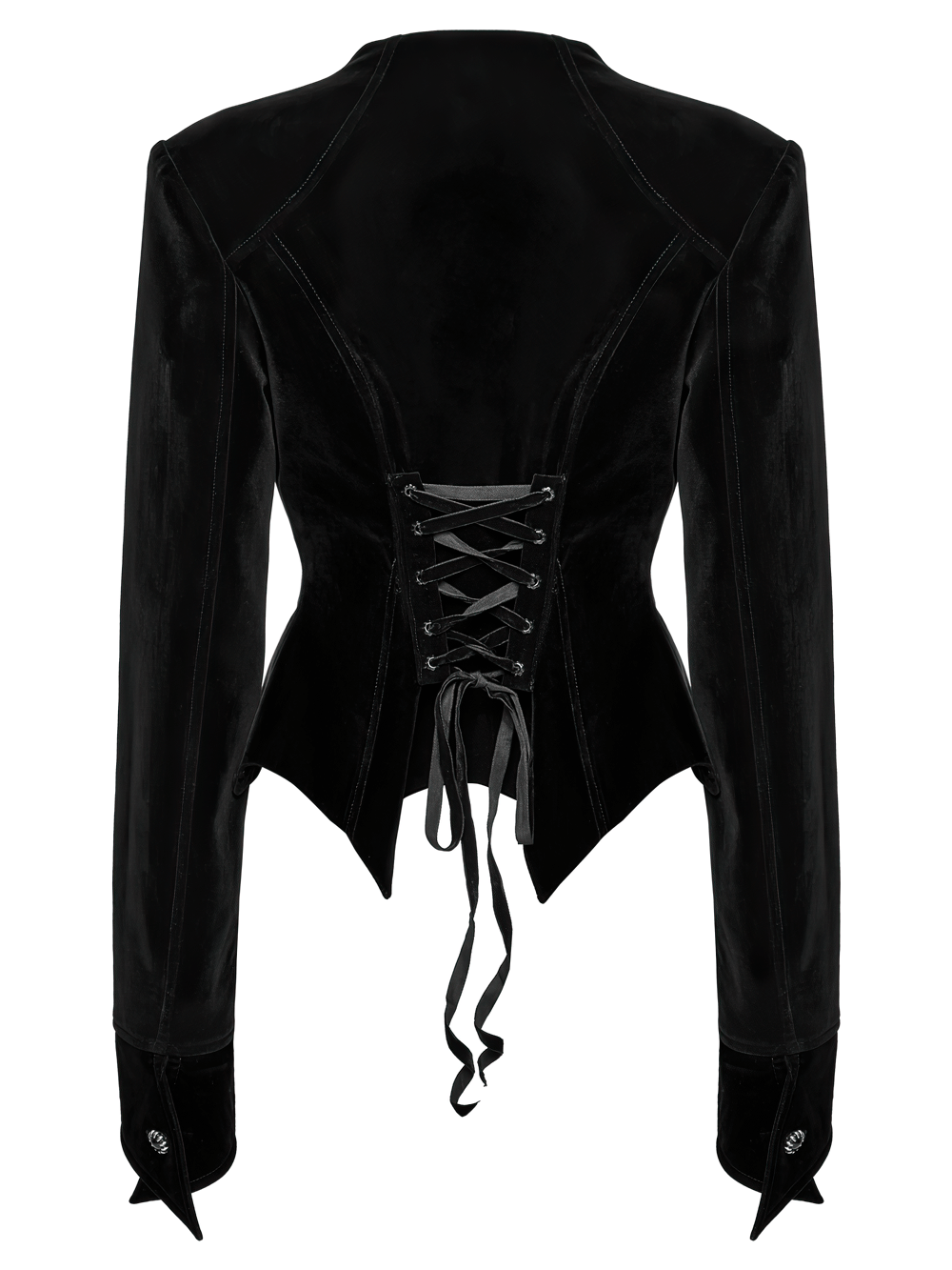 Elegant Gothic Bat Hem Jacket with lace-up back and gemstone buckles, crafted from luxurious velvet.
