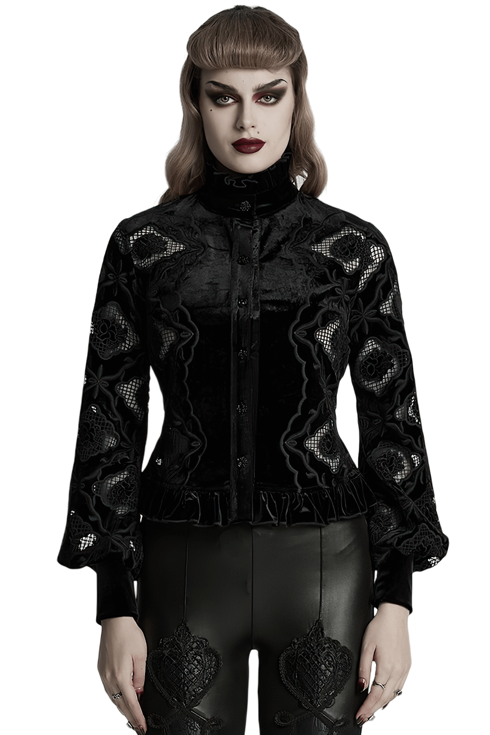 Gothic velvet blouse with embroidery, lace-up back, ruffled hem, perfect for a dark romantic style.