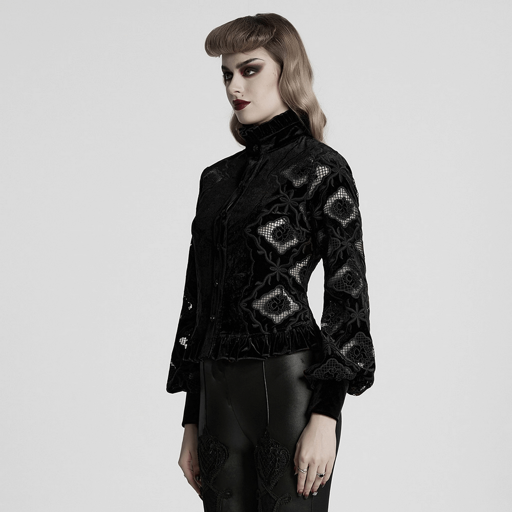 Gothic velvet blouse with embroidery and lace-up back, featuring a ruffled hem and vintage floral design.