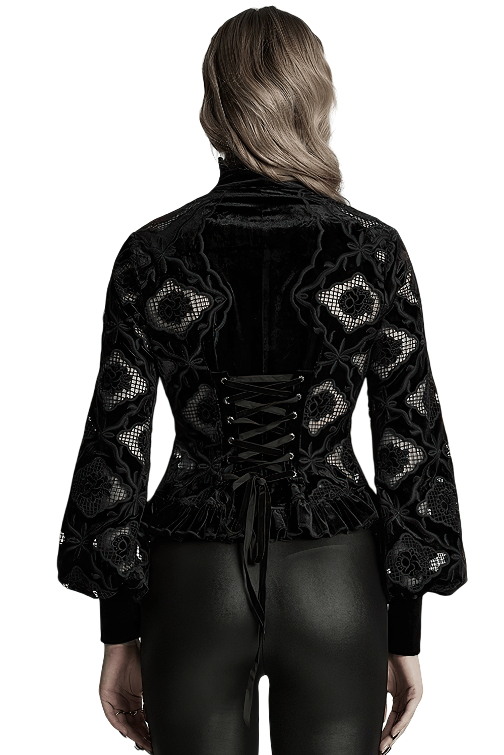 Back view of Gothic Velvet Blouse featuring embroidery, lace-up detailing, and ruffled hem for a romantic touch.